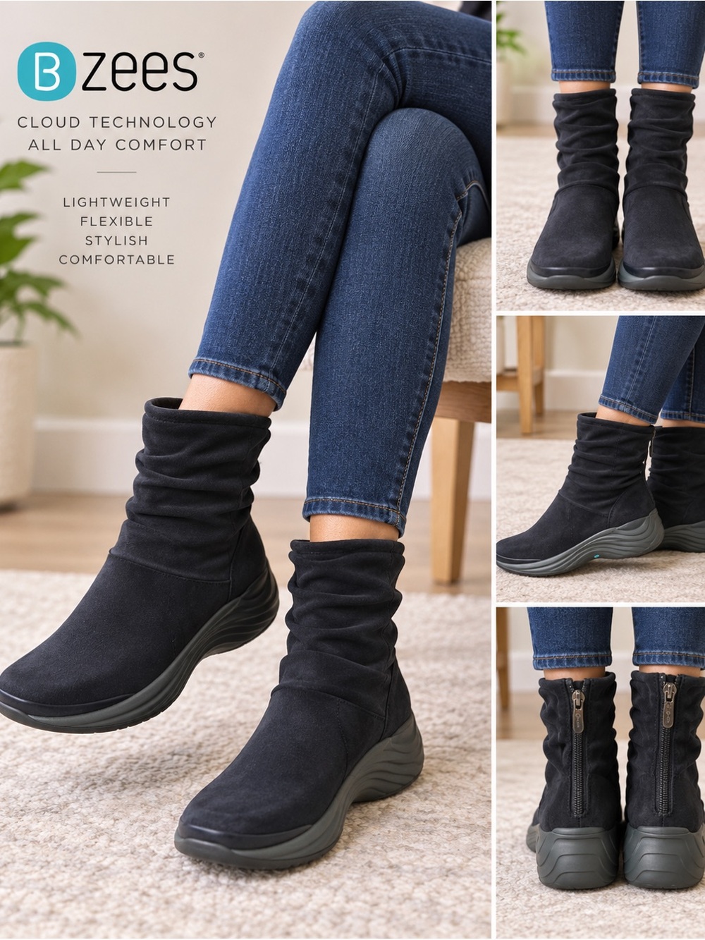 Bzees Women’s Black Faux Suede Gathered Ankle Boots – Size 9W Wide